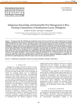 Indigenous Knowledge and Sustainable Pest Management in Rice Farming Communities of Southeastern Luzon, Philippines Amelia R