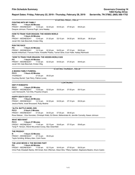 Film Schedule Summary Governors Crossing 14 1402 Hurley Drive Report Dates