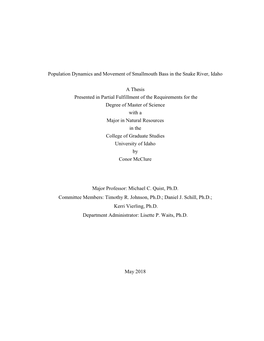 Population Dynamics and Movement of Smallmouth Bass in the Snake River, Idaho