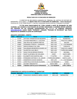 RESULTADO DO VI CONCURSO DE REMOÇÃO O DIRETOR DE RECURSOS HUMANOS DO TRIBUNAL DE JUSTIÇA DO ESTADO DO MARANHÃO, Torna Públi