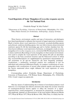 Vocal Repertoire of Sooty Mangabeys (Cercocebus Torquatus Atys) in The