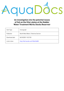 Hodder Water Treatment Works Stocks Reservoir