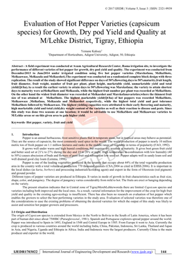 Evaluation of Hot Pepper Varieties (Capsicum Species) for Growth, Dry Pod Yield and Quality at M/Lehke District, Tigray, Ethiopia