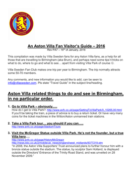 Aston Villa Related Things to Do and See in Birmingham, in No Particular Order