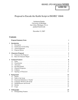 Proposal to Encode the Kaithi Script in ISO/IEC 10646