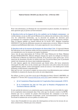 Mail De Patrick CHAIZE Aux Élus De L'ain – 25 Février 2021 Actualités