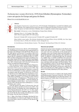 Technomyrmex Vexatus (SANTSCHI, 1919) from Gibraltar (Hymenoptera: Formicidae): a New Ant Species for Europe and Genus for Iberia