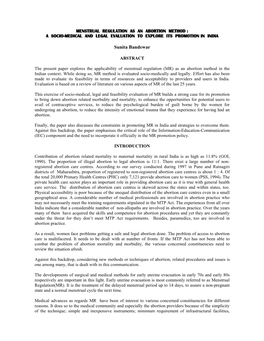 Menstrual Regulation As an Abortion Method : a Socio-Medical and Legal Evaluation to Explore Its Promotion in India