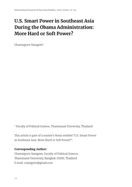 U.S. Smart Power in Southeast Asia During the Obama Administration: More Hard Or Soft Power?