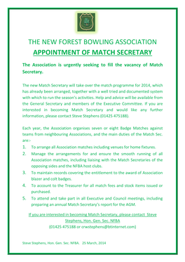 The New Forest Bowling Association Appointment of Match Secretary