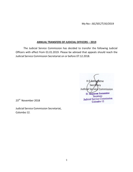 Jsc/Sec/T/Jo/2019 Annual Transfers of Judicial Officers