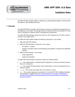 AMD APP SDK Installation Notes Guide Corresponding to That AMD APP SDK Version