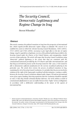 The Security Council, Democratic Legitimacy and Regime Change in Iraq