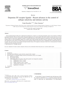 Dopamine D3 Receptor Ligands—Recent Advances in the Control of Subtype Selectivity and Intrinsic Activity ⁎ Frank Boeckler A,B, , Peter Gmeiner A