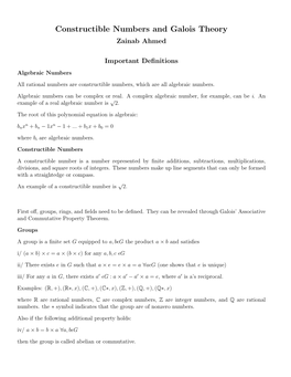 Constructible Numbers and Galois Theory Zainab Ahmed