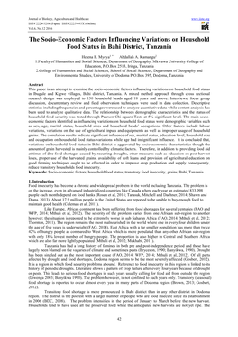 The Socio-Economic Factors Influencing Variations on Household Food Status in Bahi District, Tanzania