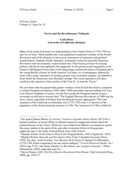 (2019) Page 1 H-France Salon Volume 11, Issue 16, #3 Terror and the Revolutionary Tribunals Carla Hesse