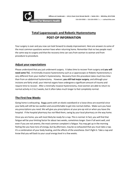 Total Laparoscopic and Robotic Hysterectomy POST-OP INFORMATION