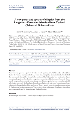 A New Genus and Species of Clingfish from the Rangitāhua Kermadec Islands of New Zealand (Teleostei, Gobiesocidae)