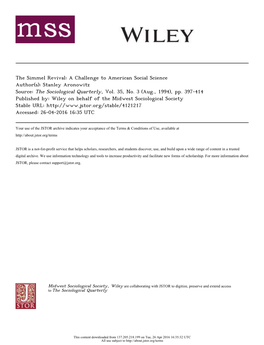 The Simmel Revival: a Challenge to American Social Science Author(S): Stanley Aronowitz Source: the Sociological Quarterly, Vol