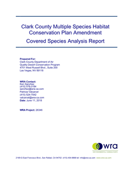 Clark County Multiple Species Habitat Conservation Plan Amendment Covered Species Analysis Report