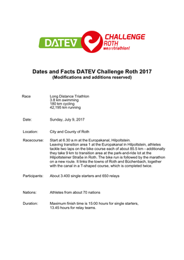Dates and Facts DATEV Challenge Roth 2017 (Modifications and Additions Reserved)