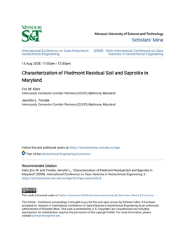 Characterization of Piedmont Residual Soil and Saprolite in Maryland