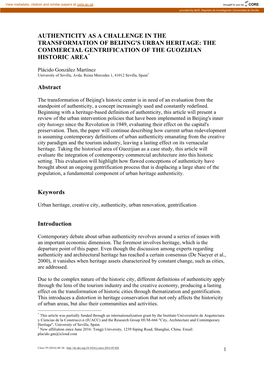 Authenticity As a Challenge in the Transformation of Beijing's Urban Heritage: the Commercial Gentrification of the Guozijian Historic Area*