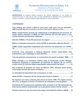Fundación Mexicana Para La Salud, A.C. Salud En La Prensa Digital Viernes 27 De Noviembre De 2020