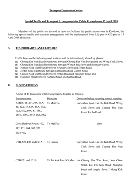 Transport Department Notice Special Traffic and Transport Arrangements