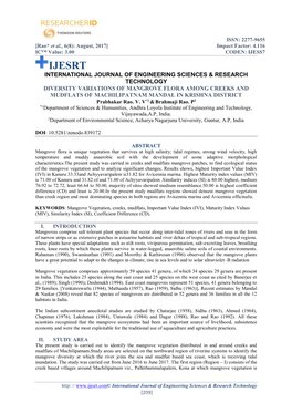 DIVERSITY VARIATIONS of MANGROVE FLORA AMONG CREEKS and MUDFLATS of MACHILIPATNAM MANDAL in KRISHNA DISTRICT Prabhakar Rao