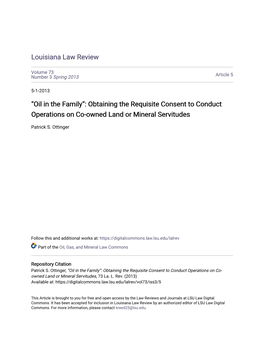 Oil in the Family”: Obtaining the Requisite Consent to Conduct Operations on Co-Owned Land Or Mineral Servitudes