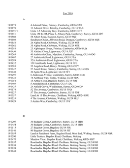 List 2019 a 19/0173 4 Admiral Drive, Frimley, Camberley, GU16 9AB 19/0178 11 Admiral Drive, Frimley, Camberley, GU16 9AB 18/0491