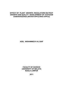 Effect of Plant Growth Regulators on Fruit Growth and Quality Development of Syzygium Samarangense (Water Apple/Wax Apple)