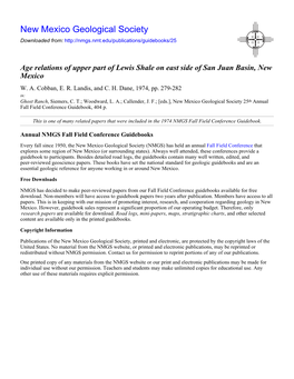 Age Relations of Upper Part of Lewis Shale on East Side of San Juan Basin, New Mexico W