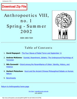 Anthropoetics VIII, No. 1 Spring - Summer 2002