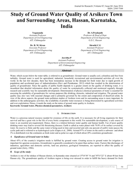 Study of Ground Water Quality of Arsikere Town and Surrounding Areas, Hassan, Karnataka