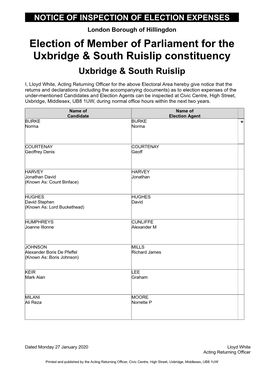 Election of Member of Parliament for the Uxbridge & South Ruislip