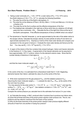 1 Sun Stars Planets. Problem Sheet I