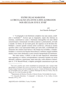 Entre Duas Margens a Circulação Atlântica Dos Açorianos Nos Séculos Xvii E Xviii*