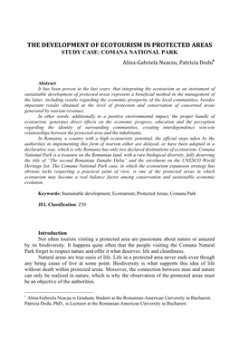 THE DEVELOPMENT of ECOTOURISM in PROTECTED AREAS STUDY CASE: COMANA NATIONAL PARK Alina‐Gabriela Neacsu, Patricia Dodu