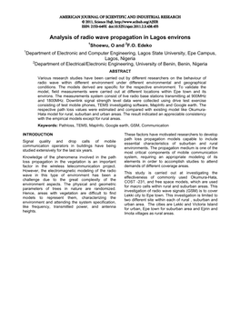 Analysis of Radio Wave Propagation in Lagos Environs 1Shoewu, O and 2F.O