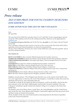 Press Release 2021 LVMH PRIZE for YOUNG FASHION DESIGNERS: 8TH EDITION