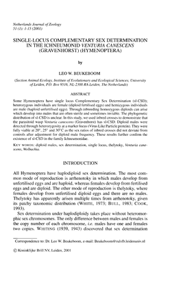 Single-Locus Complementary Sex Determination in the Ichneumonid Venturia Canescens (Gravenhorst) (Hymenoptera)