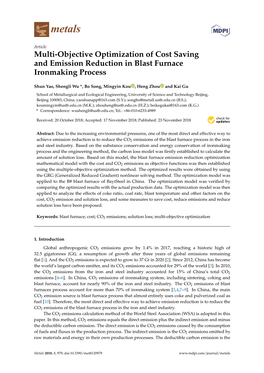 Multi-Objective Optimization of Cost Saving and Emission Reduction in Blast Furnace Ironmaking Process