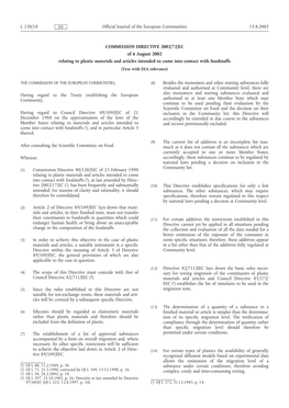 COMMISSION DIRECTIVE 2002/72/EC of 6 August 2002 Relating to Plastic Materials and Articles Intended to Come Into Contact with Foodstuffs (Text with EEA Relevance)