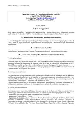 SAUMUR-CHAMPIGNY », Homologué Par L’Arrêté Du 10 Octobre 2019 Publié Au JORF Du 19 Octobre 2019