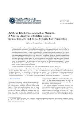 Artificial Intelligence and Labor Markets. a Critical Analysis of Solution Models from a Tax Law and Social Security Law Perspec