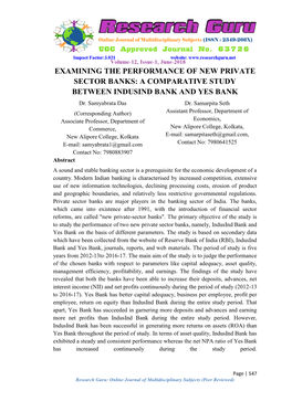 EXAMINING the PERFORMANCE of NEW PRIVATE SECTOR BANKS: a COMPARATIVE STUDY BETWEEN INDUSIND BANK and YES BANK Dr