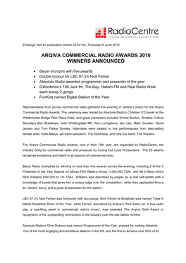 Arqiva Commercial Radio Awards 2010 Winners Announced